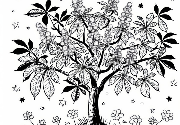 Blooming chestnut in spring: free coloring picture