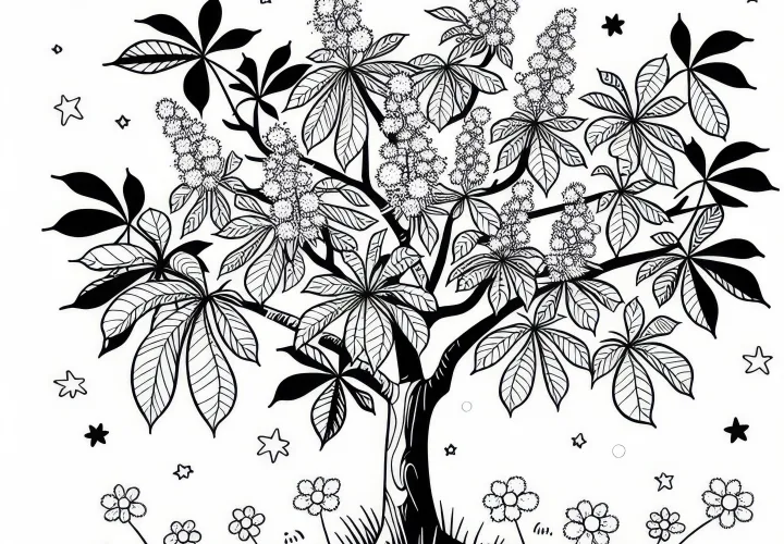 Blooming chestnut in spring: free coloring picture