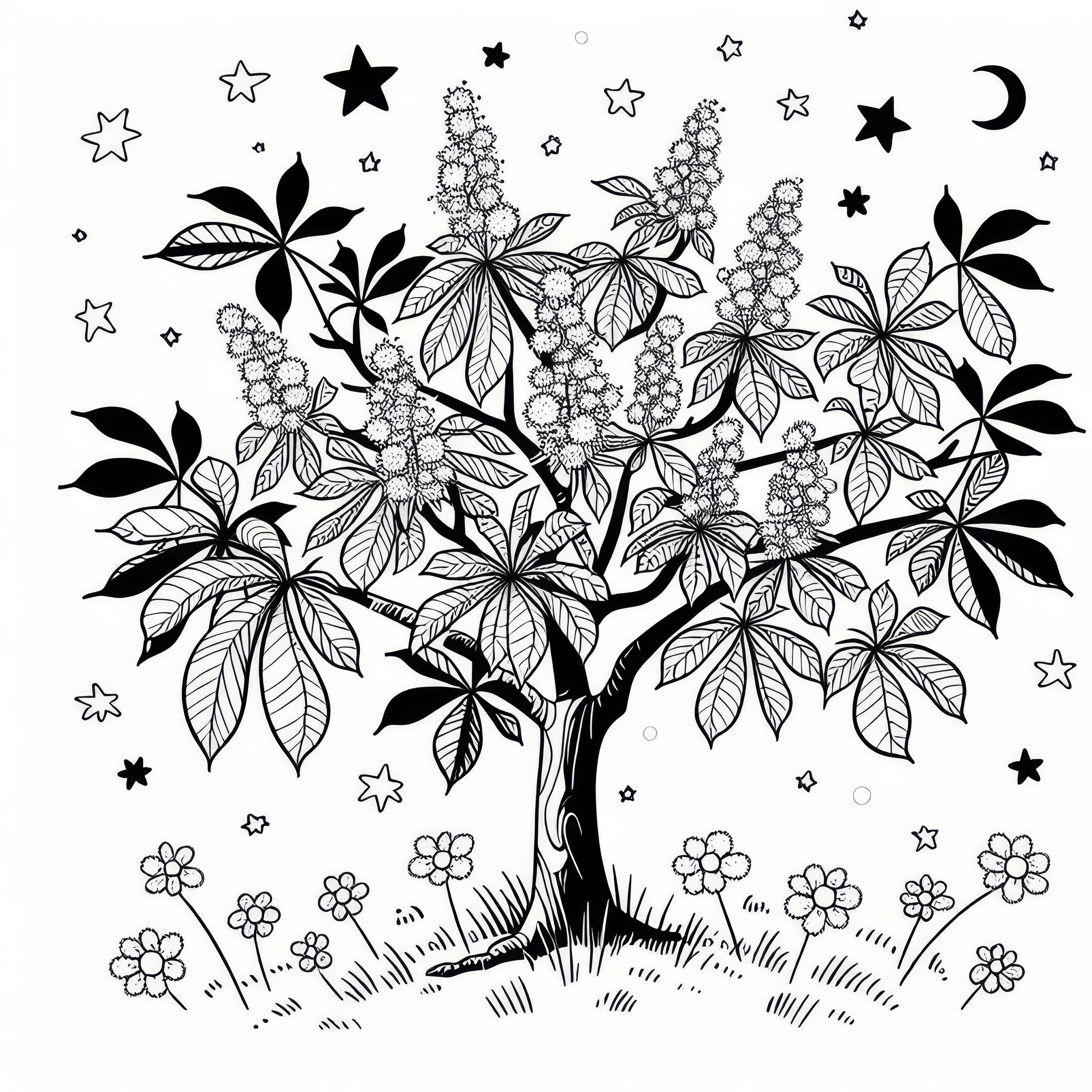 Blooming chestnut tree in spring: free coloring page