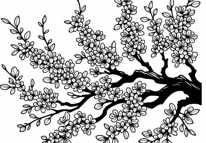 Blooming Robinia in spring: free coloring page