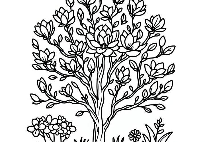 Blooming magnolia in spring: free coloring page