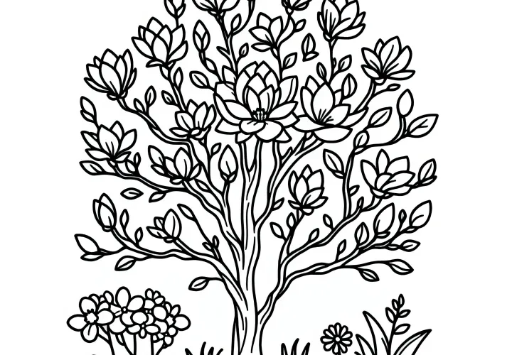 Blooming magnolia in spring: free coloring page