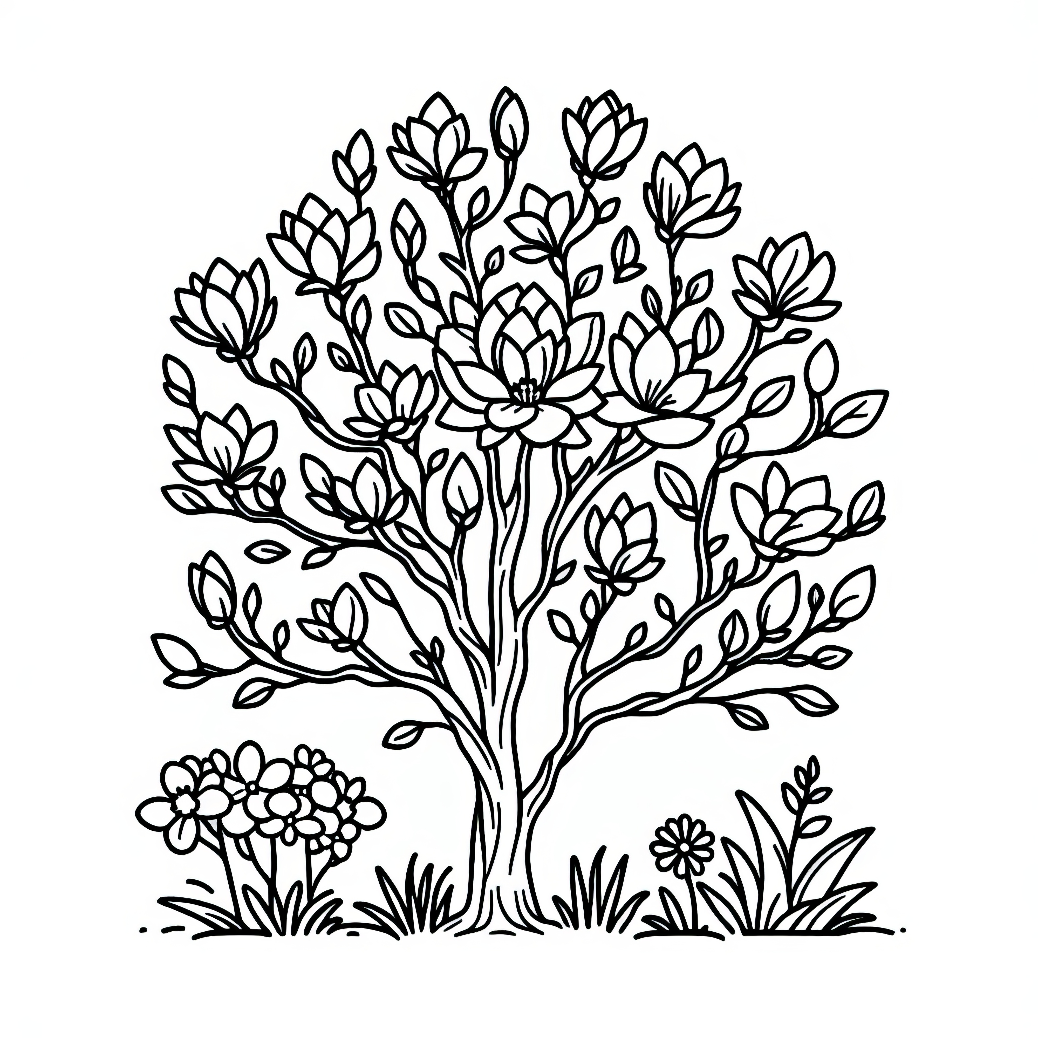 Blossoming magnolia in spring: free coloring page