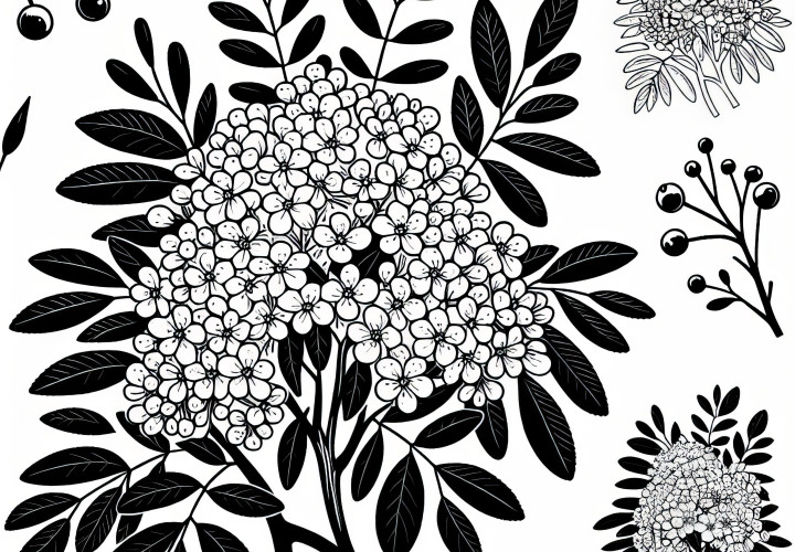 Blooming rowan tree, mountain ash in spring: coloring page