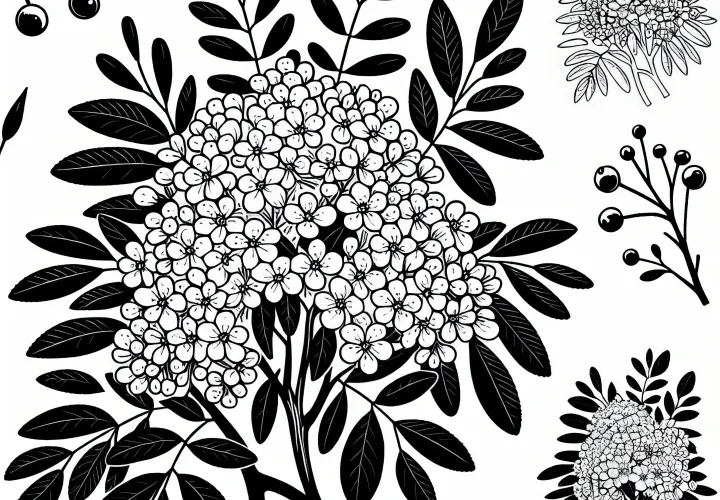 Blooming rowan tree, mountain ash in spring: coloring page