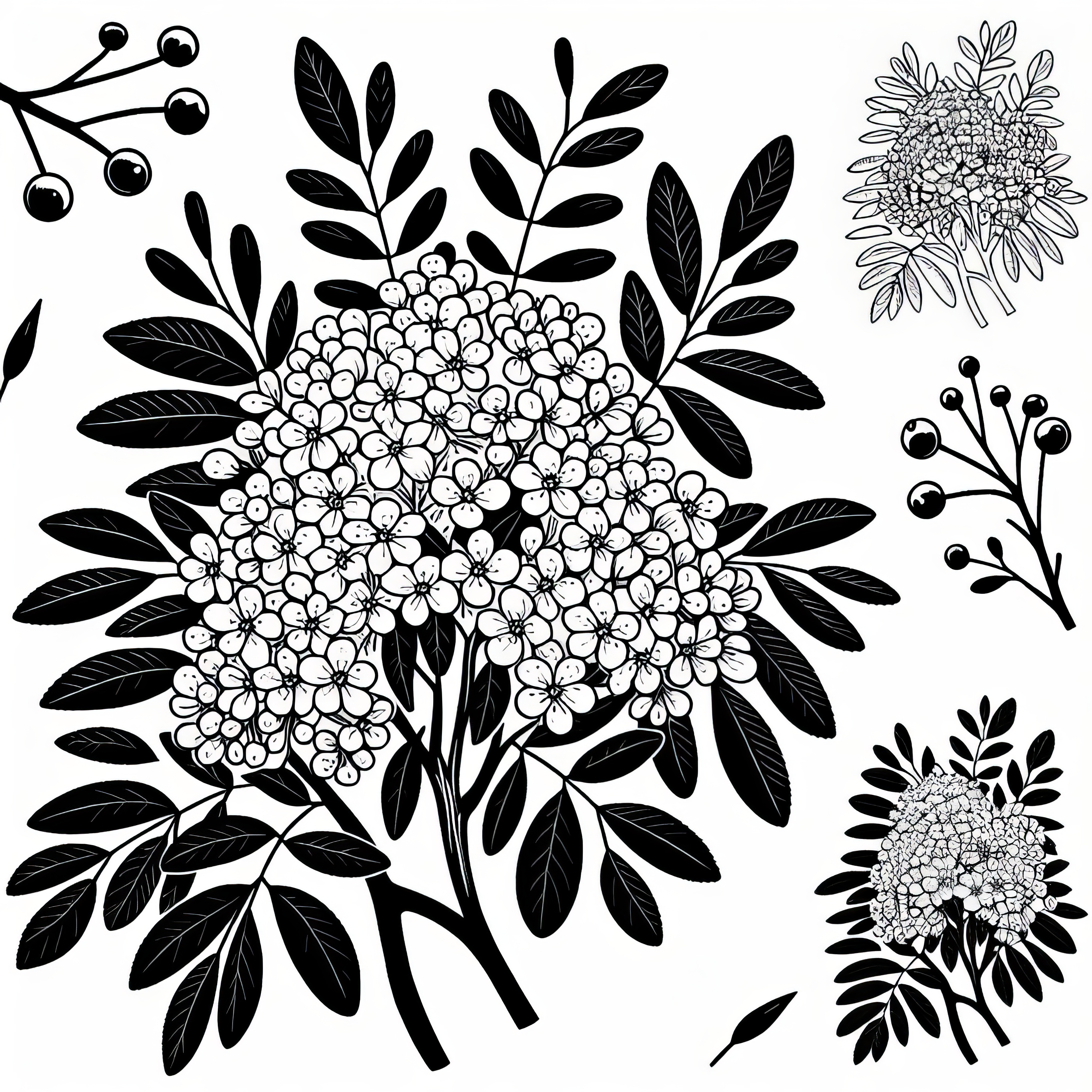 Blooming rowan tree, mountain ash in spring: coloring page