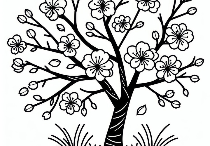 Blooming ornamental cherry tree in spring: free coloring picture