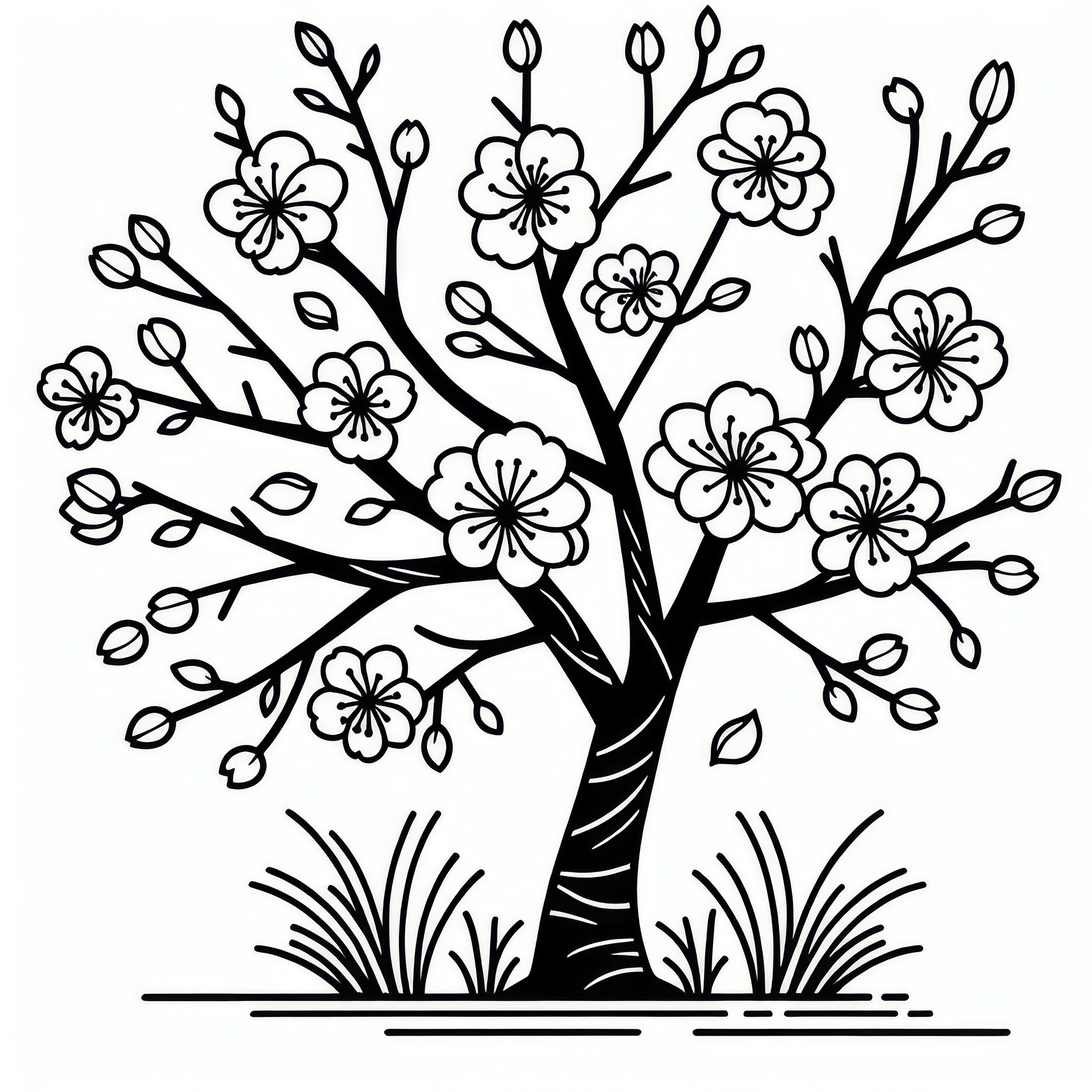 Blooming ornamental cherry tree in spring: free coloring picture