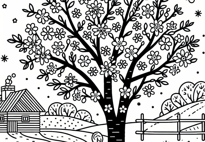 Blooming ash tree in spring: free coloring template