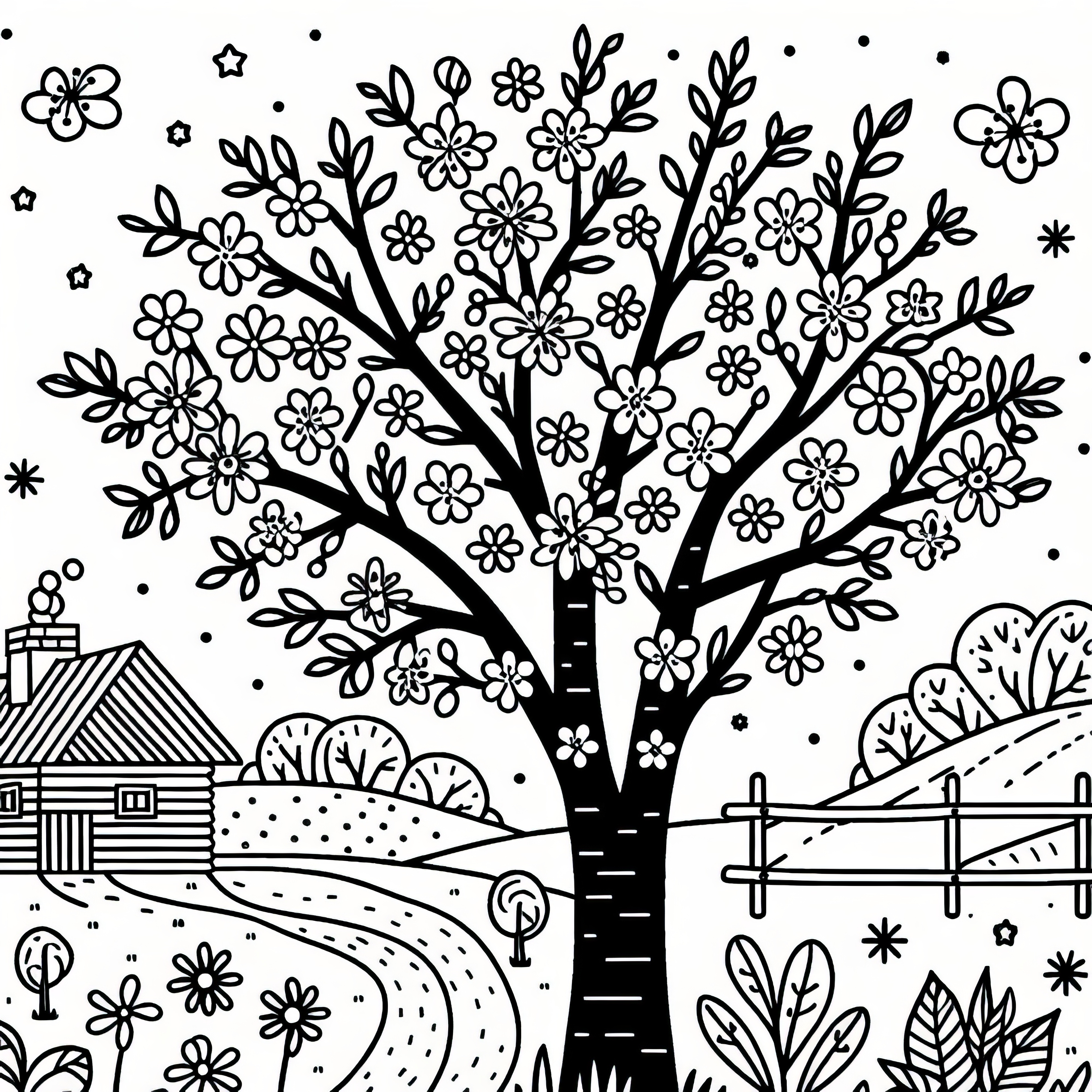 Blooming ash tree in spring: free coloring template