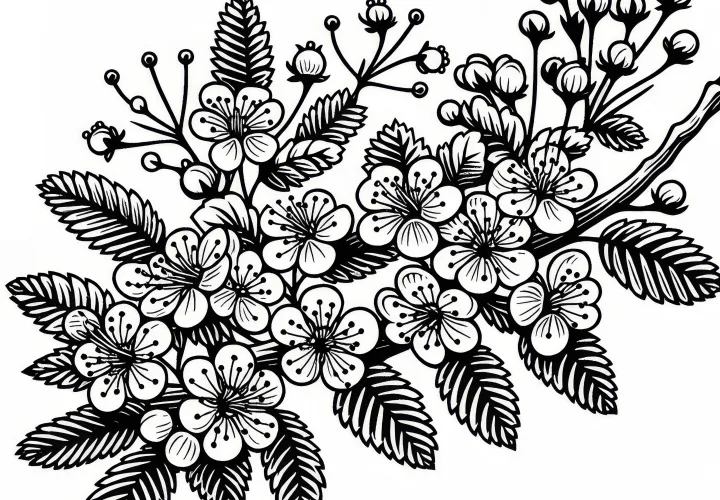 Blooming hawthorn in spring: free coloring page