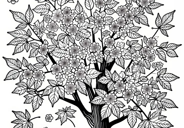 Blossoming maple tree in spring as a coloring picture (Free)