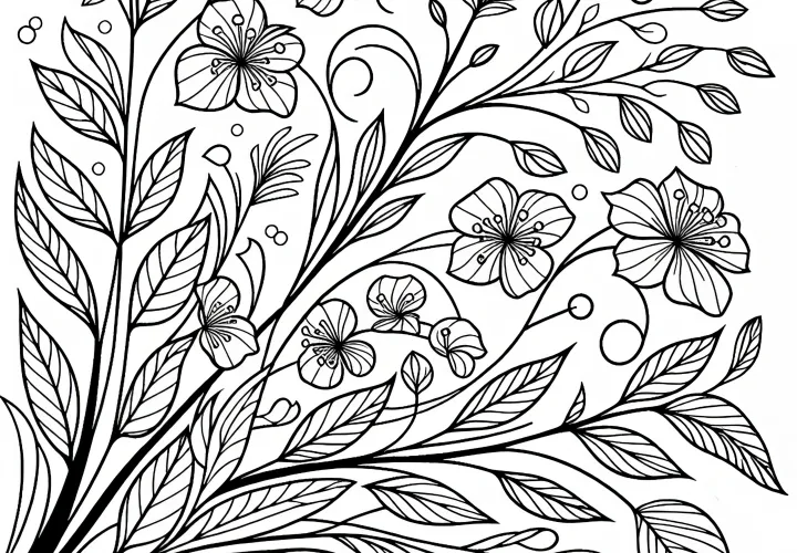 Leaves and branches in the wind: Free coloring page