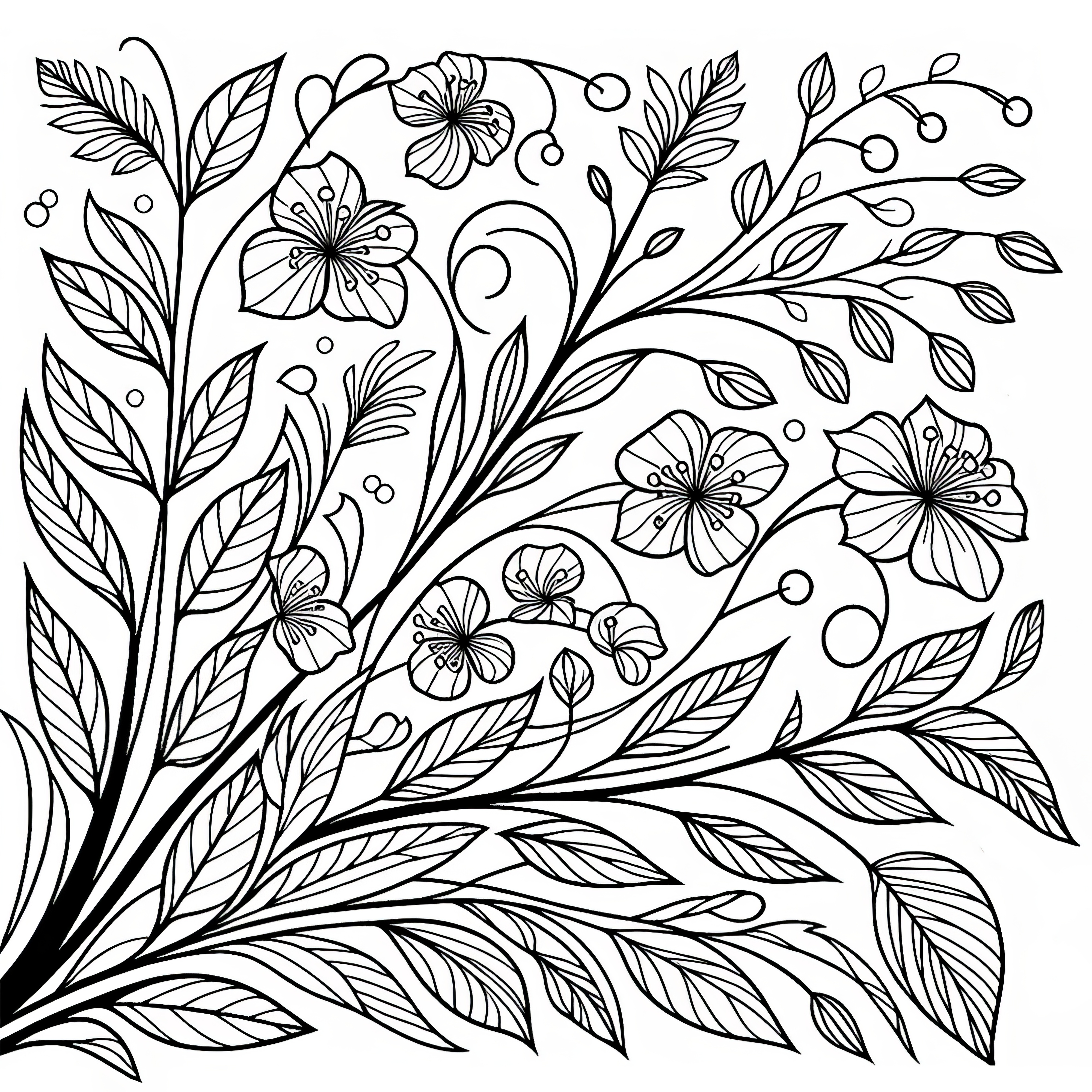 Leaves and branches in the wind: Free coloring page