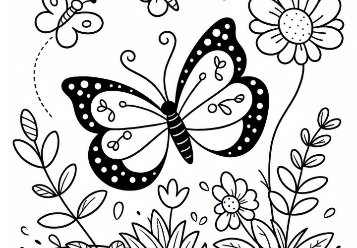 Butterfly in spring: free coloring page