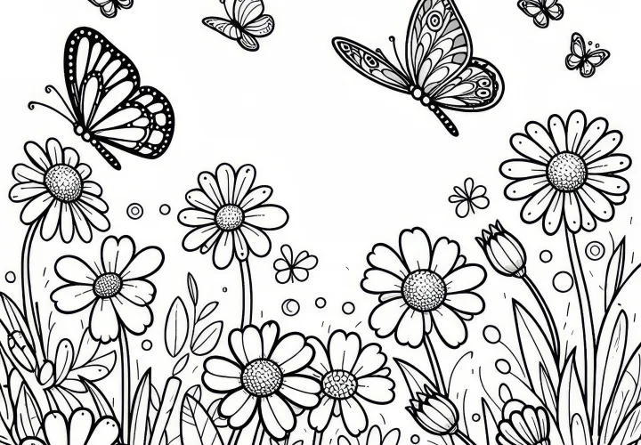 Butterflies over a flower meadow in spring (coloring page)