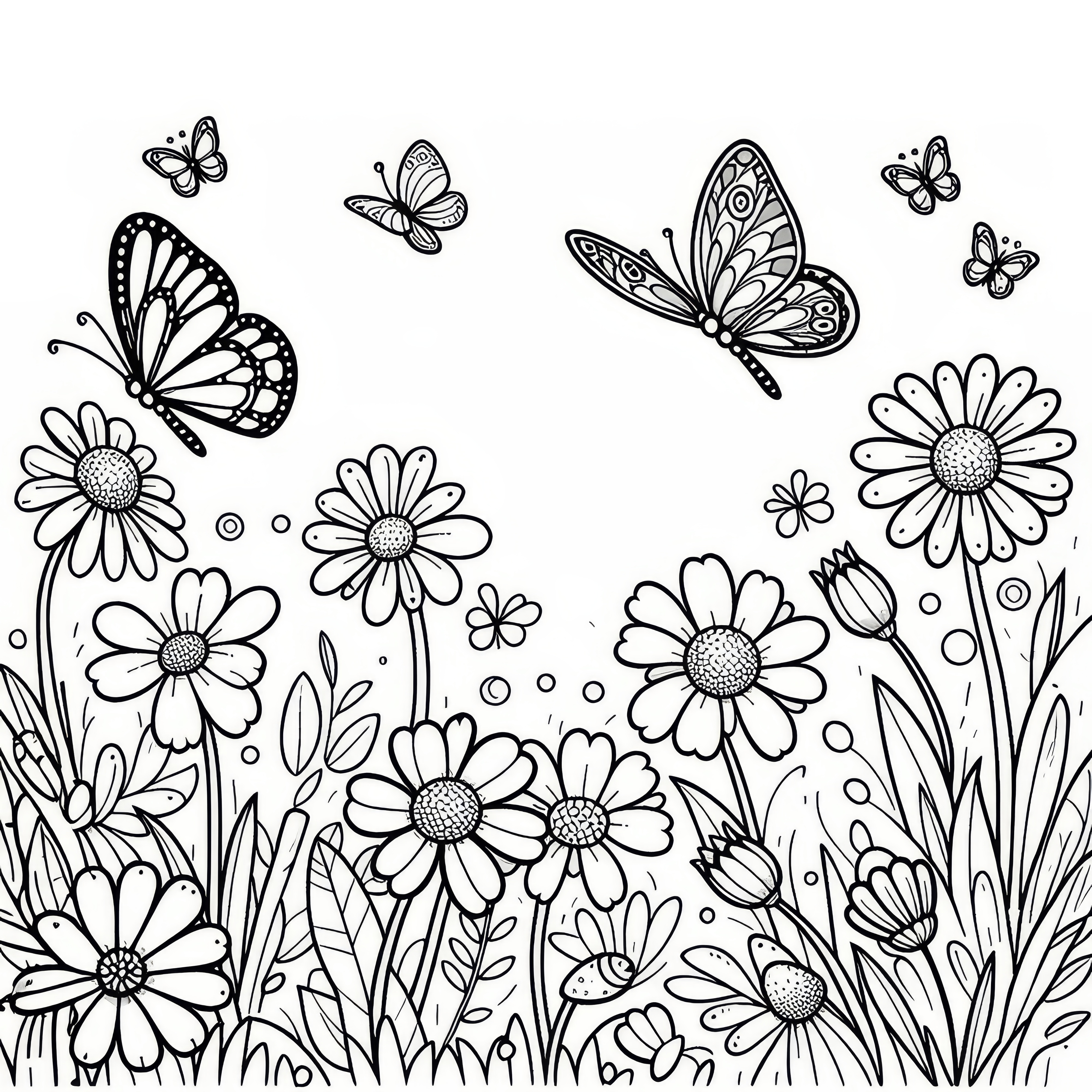 Butterflies over flower meadow in spring (coloring page)