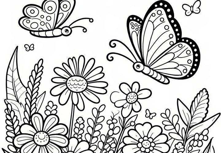 Butterflies in spring: free coloring page