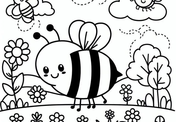 Bee in spring: free coloring page