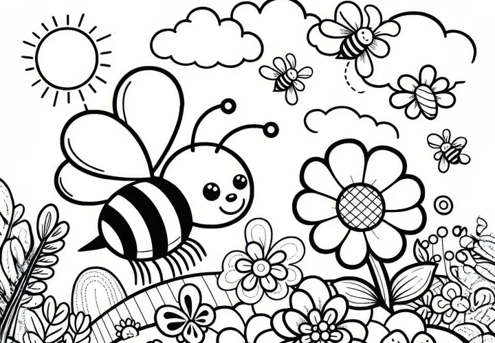 Bees over flower meadow in spring: coloring picture