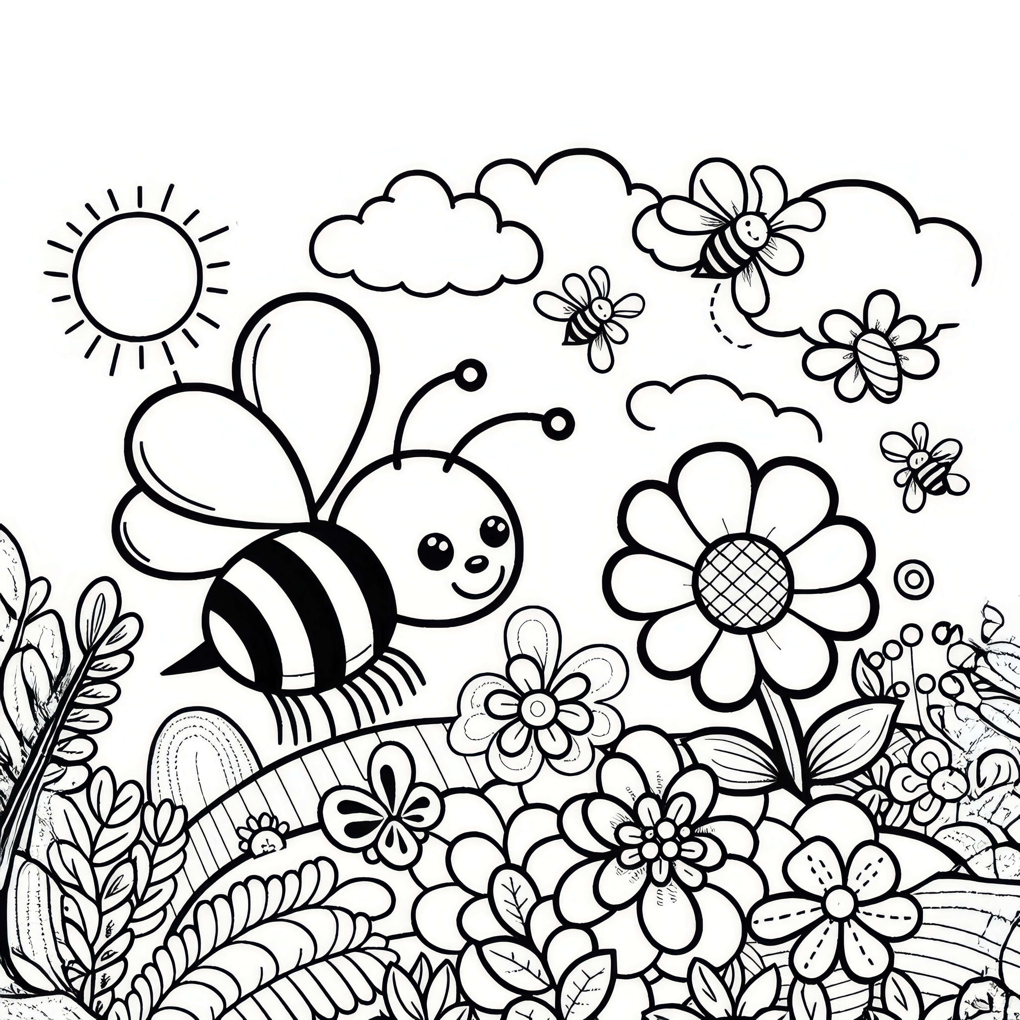 Bees over flower meadow in spring: coloring picture