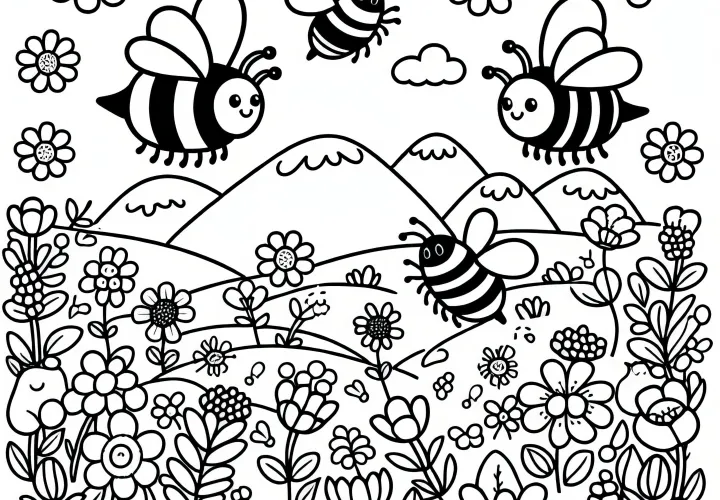 Bumblebees over a flower meadow in spring: free coloring page