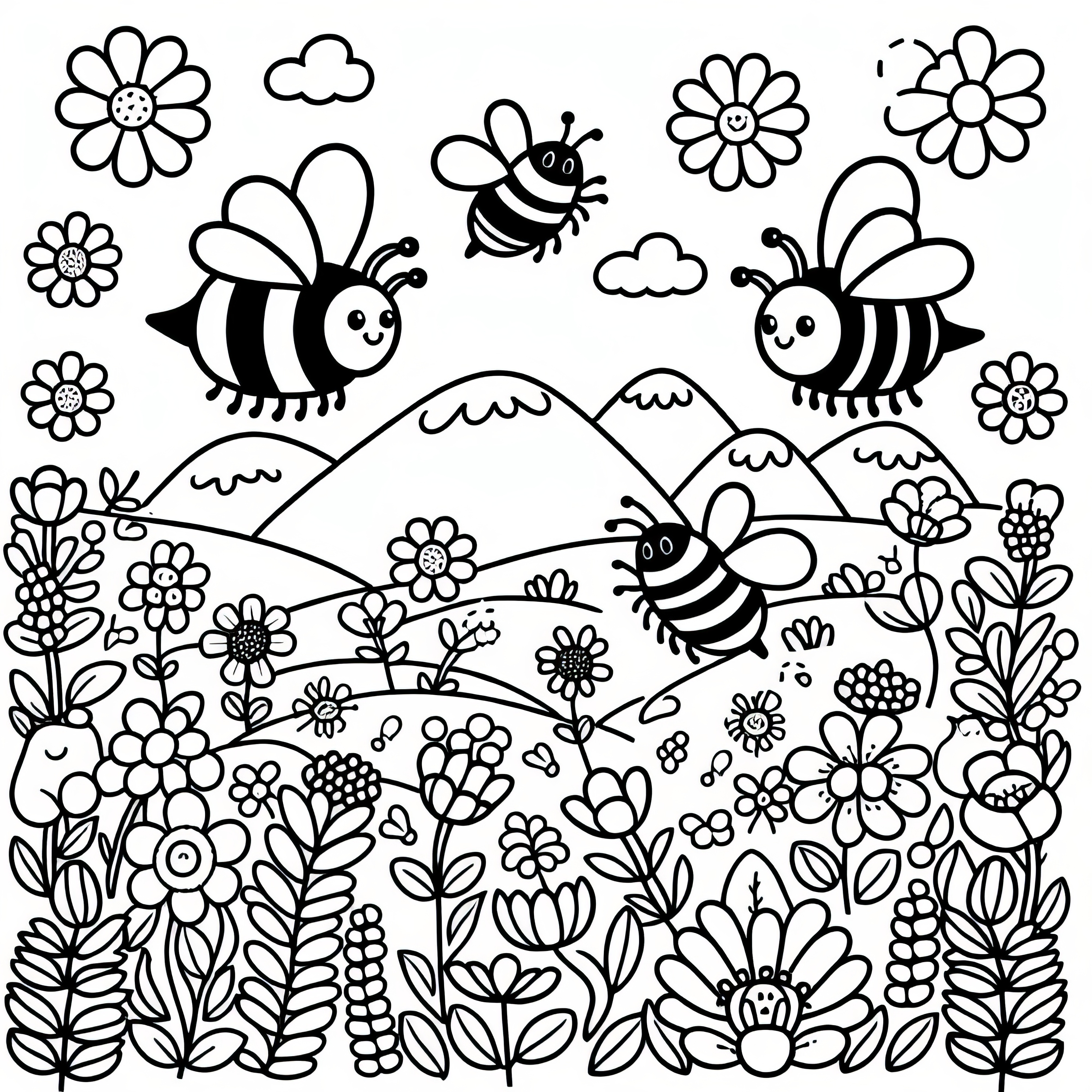 Bumblebees over a flower meadow in spring: free coloring page