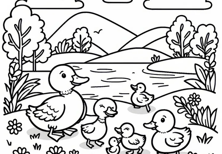 Duck family at the pond in spring: free coloring page