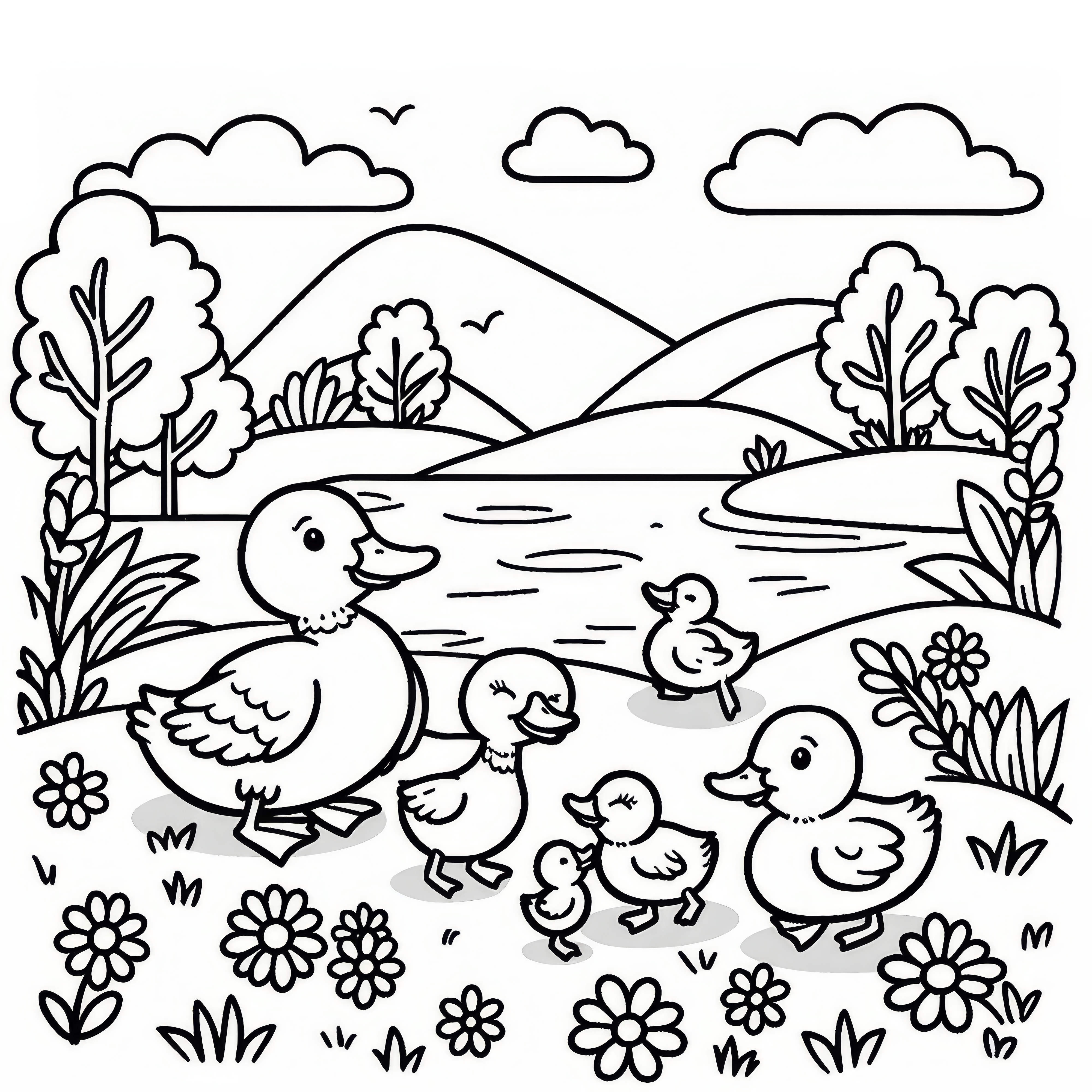 Duck family at the pond in spring: free coloring page