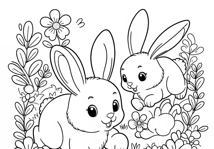 Rabbits hop over meadow: free spring coloring page