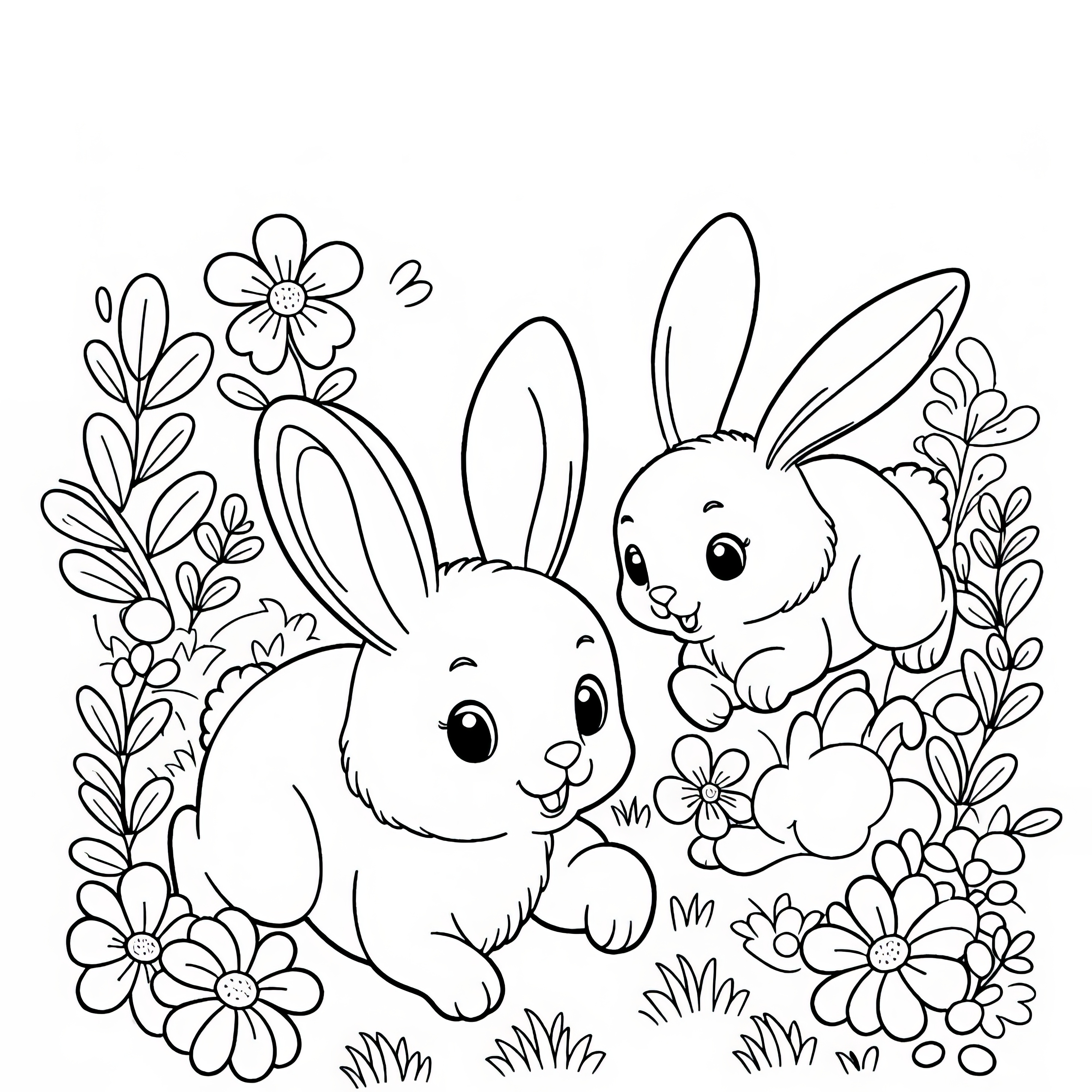 Rabbits hop over the meadow: free spring coloring page