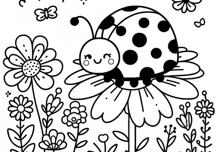 Ladybug on flower: free spring coloring template