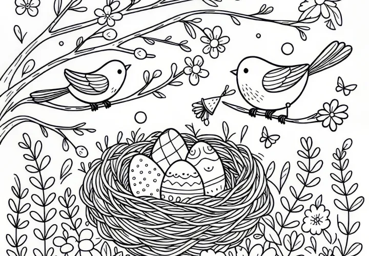 Bird eggs in the nest: free coloring template