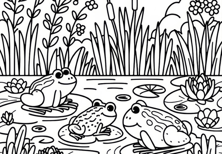 Pond with frogs, reeds, and water lilies: free coloring sheet