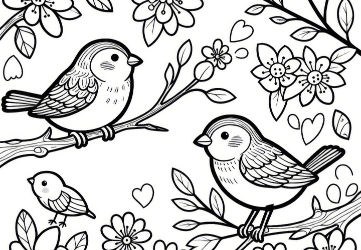 Sparrows in spring: free coloring page