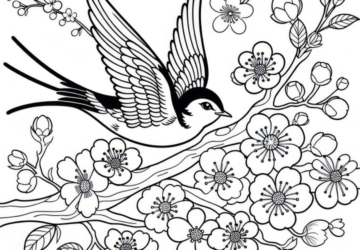 Swallows in spring: free coloring page