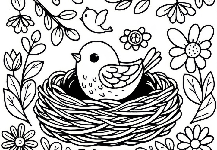 Young bird in the nest: Spring coloring page for free