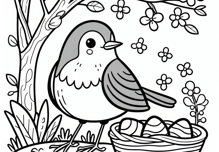 Robin in spring: free coloring page