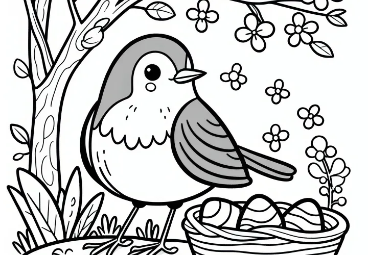 Robin in spring: free coloring page