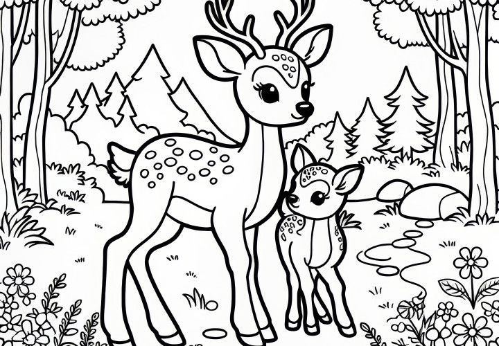 Deer with fawn on forest clearing in spring: free coloring template