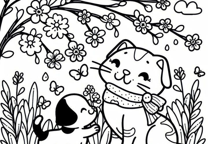 Cat & puppy playing in spring: free coloring page