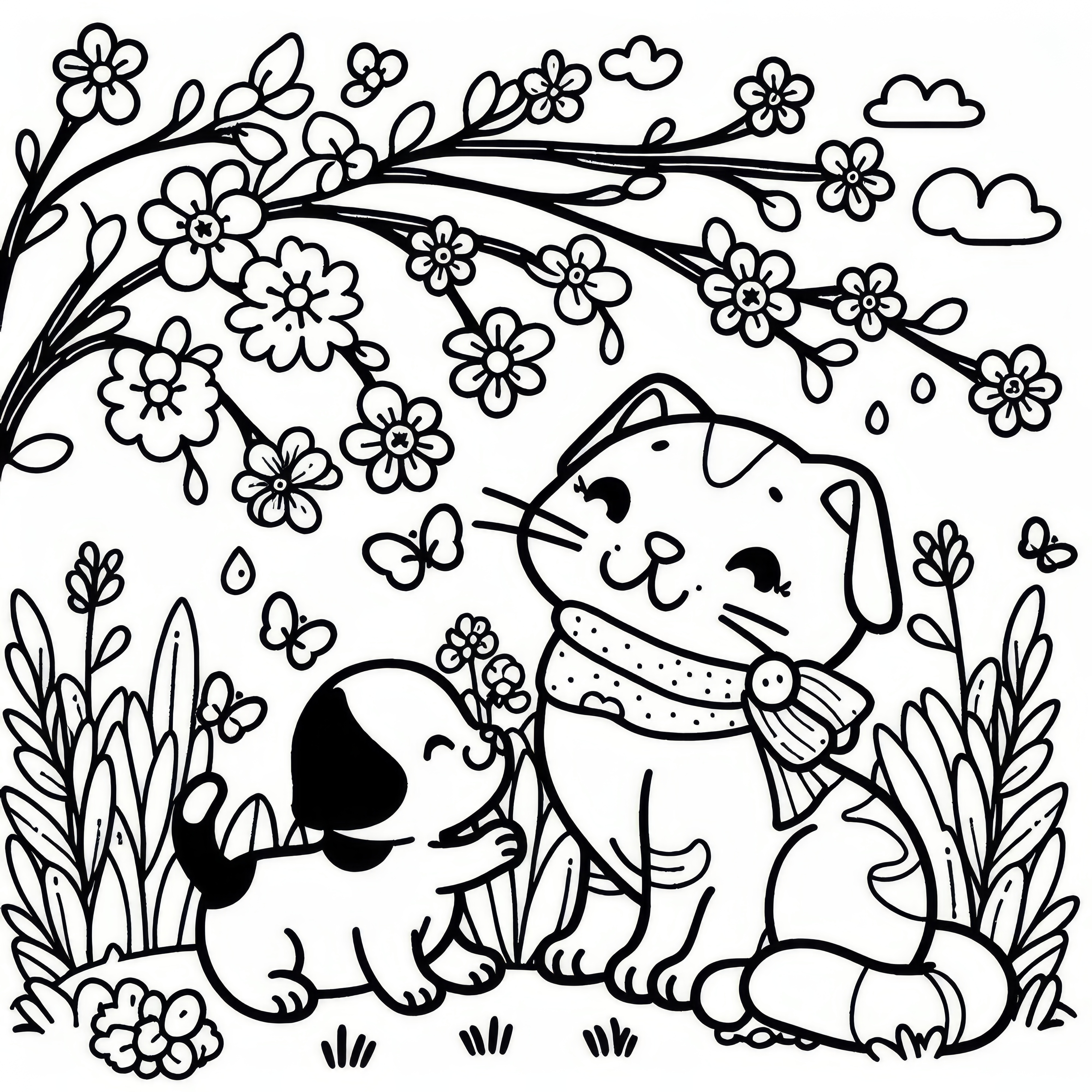 Cat & puppy playing in spring: free coloring page