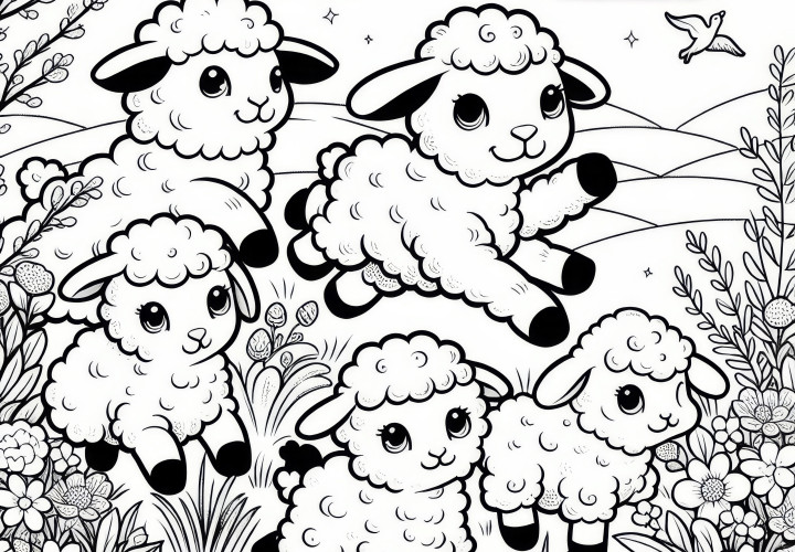 Lambs are jumping on the meadow in spring: free coloring picture