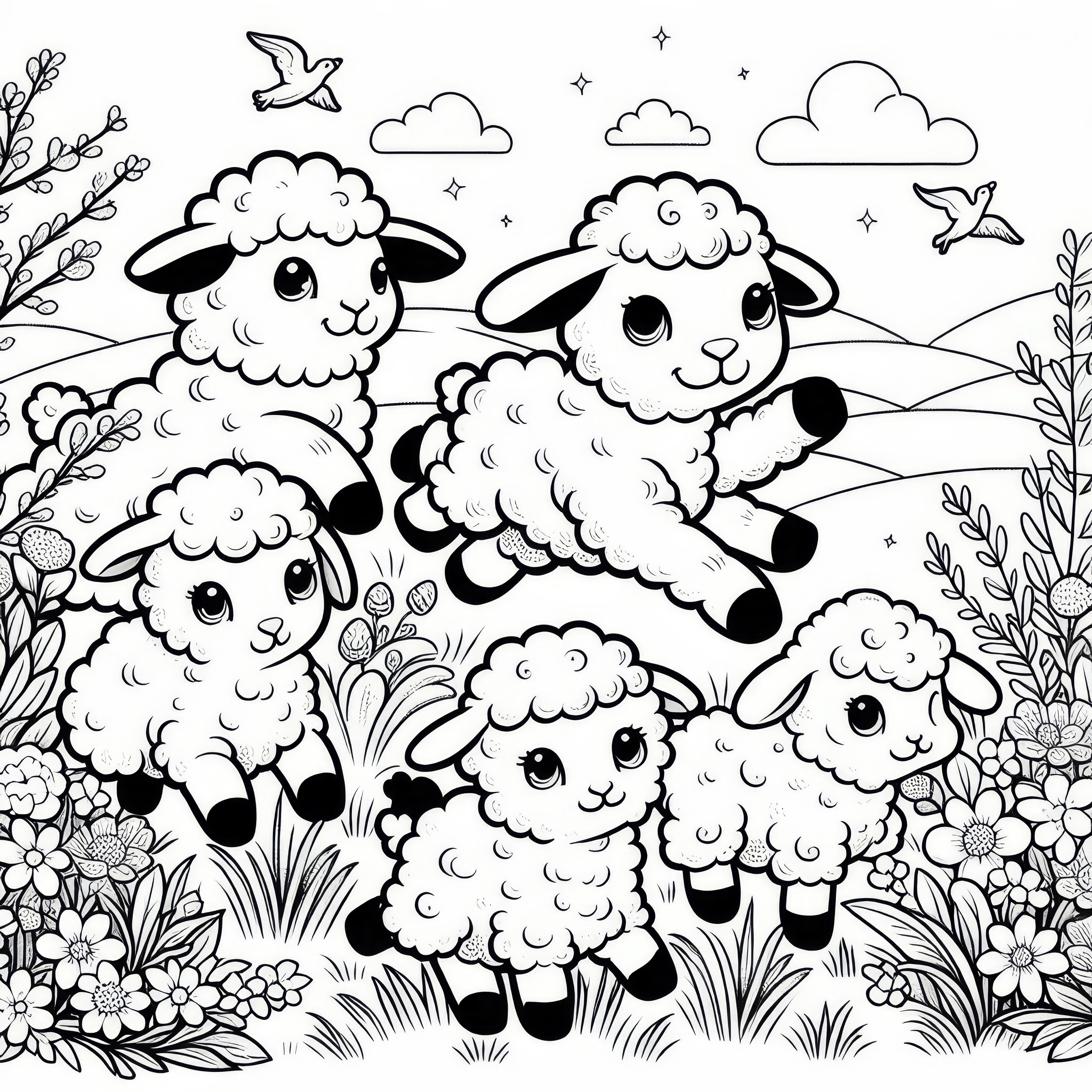 Lambs jumping in the meadow in spring: free coloring picture