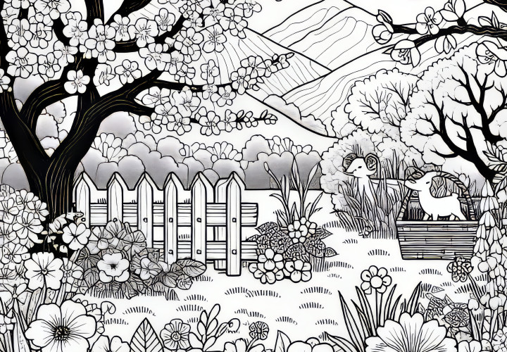 Flower meadow with spring flowers in the garden: free coloring page