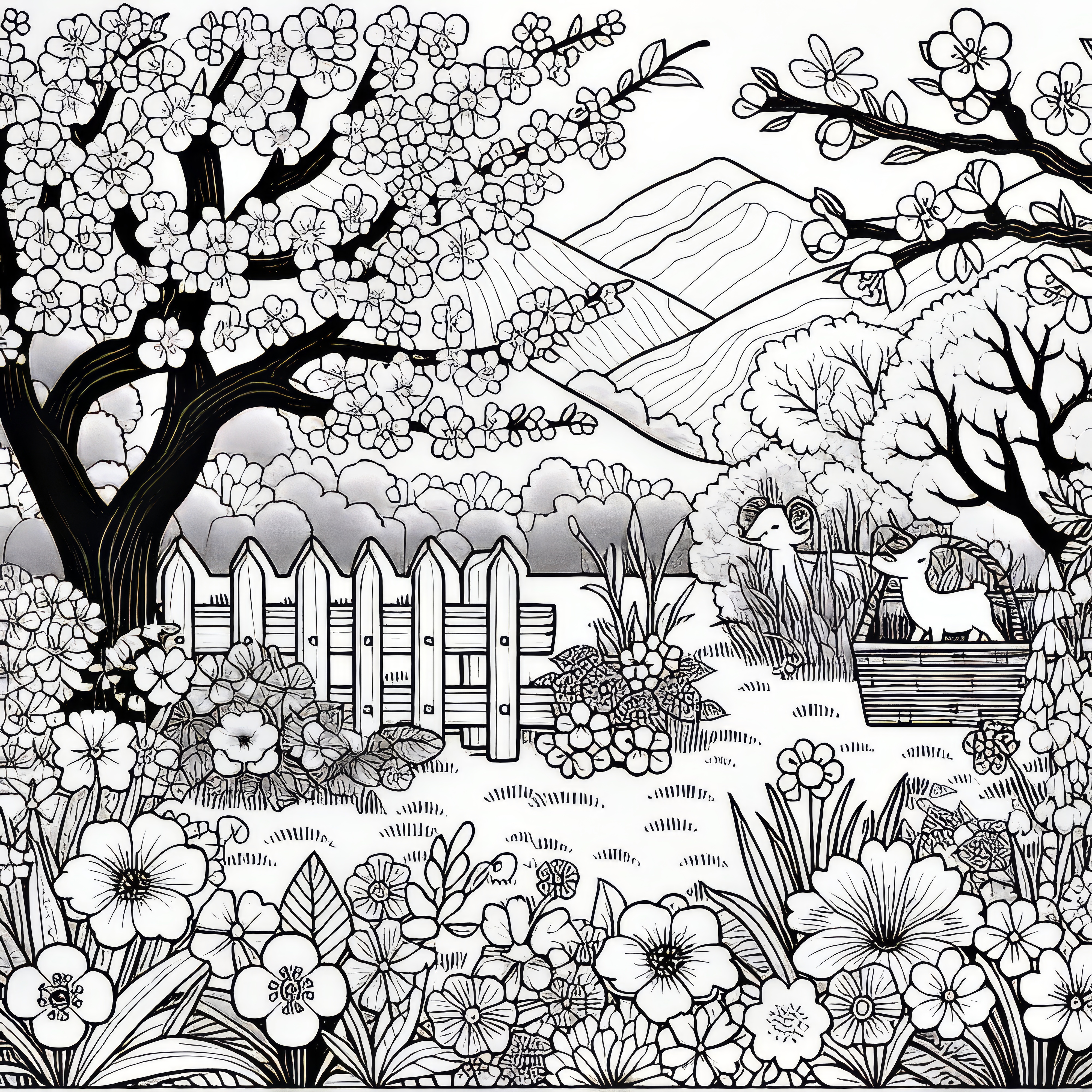 Flower meadow with spring flowers in the garden: free coloring template