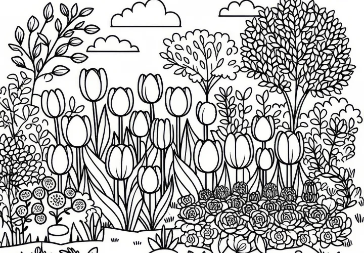 Tulip bed in the garden: free coloring page for spring