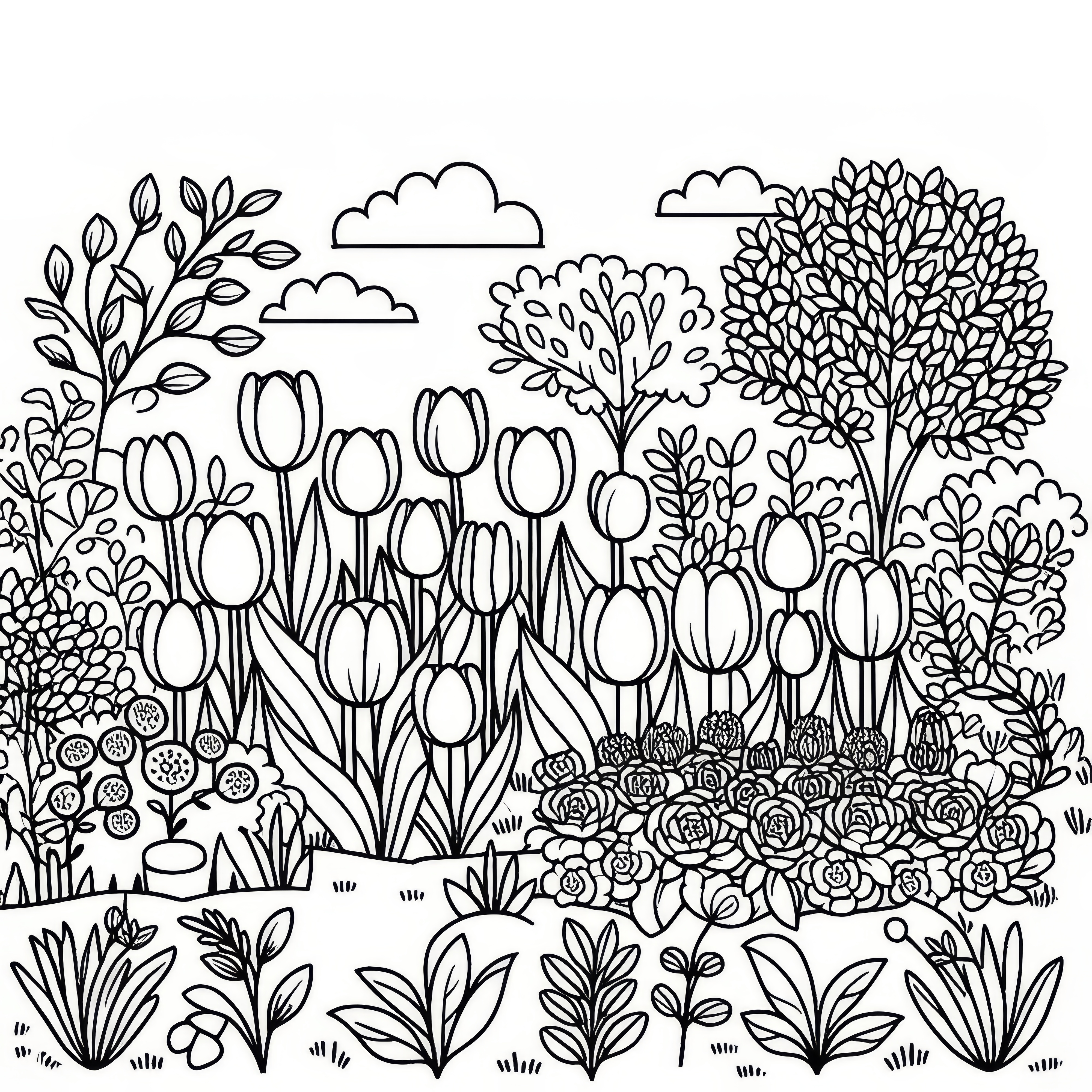 Tulip bed in the garden: free coloring page for spring