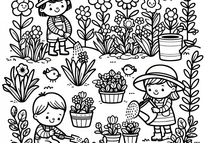 Children plant flowers in the garden: free spring coloring picture