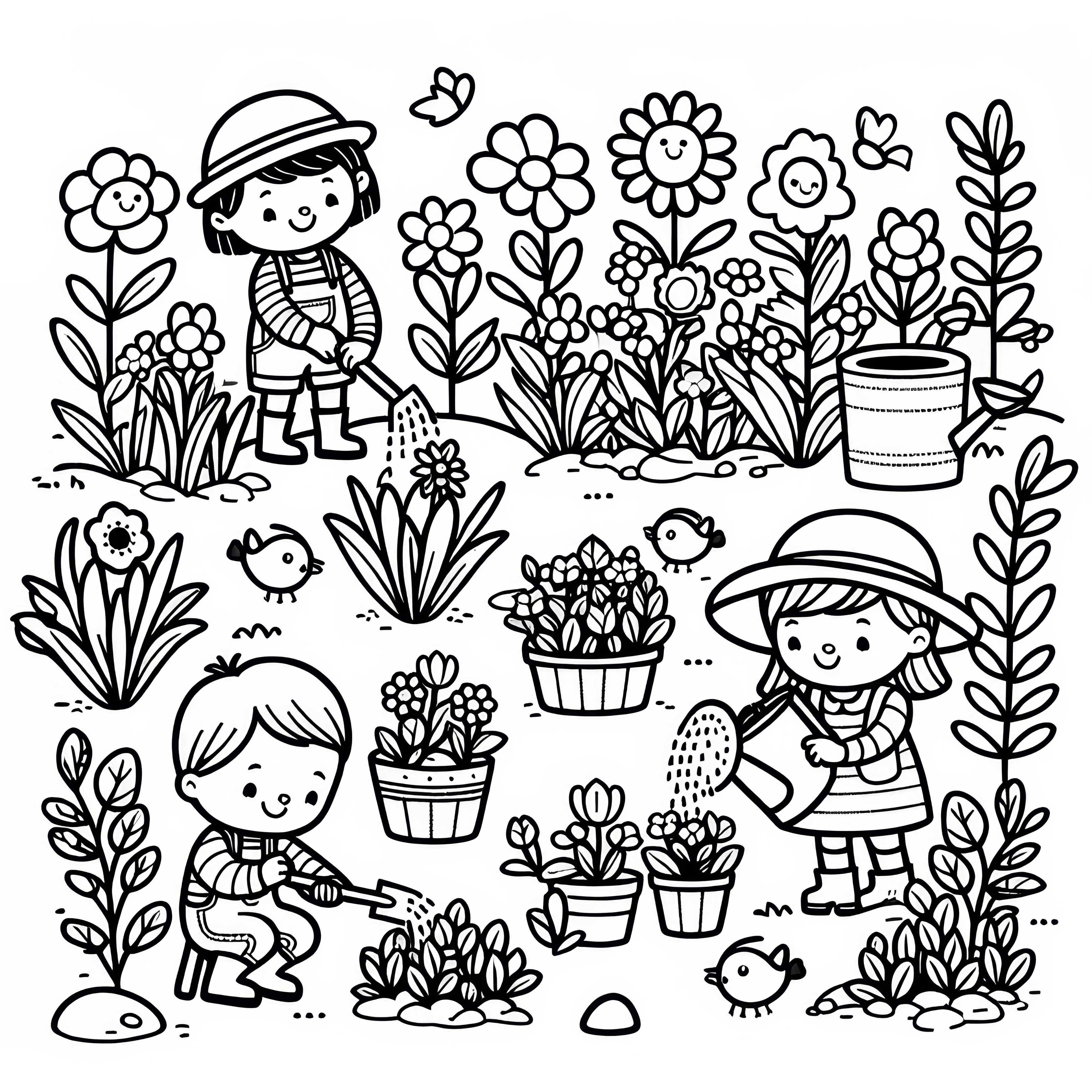 Children plant flowers in the garden: free spring coloring picture